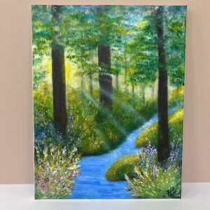 Hand-Painted Sunset Forest Acrylic Painting – 11x14 Trees & River Landscape